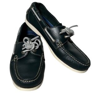Lands End Women's Navy Blue Leather Boat Shoes Size 8.5D Lace Up Preppy Nautical